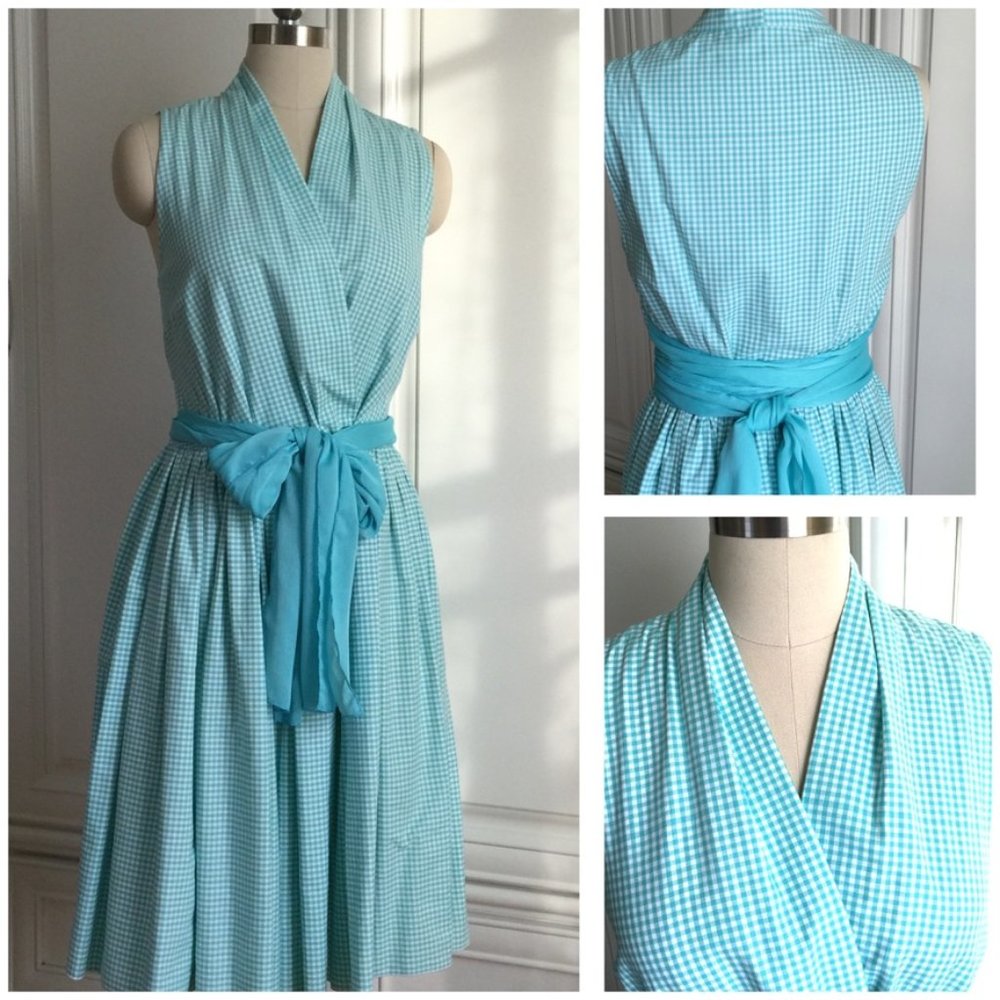 Gingham sleeveless tie waist dress
